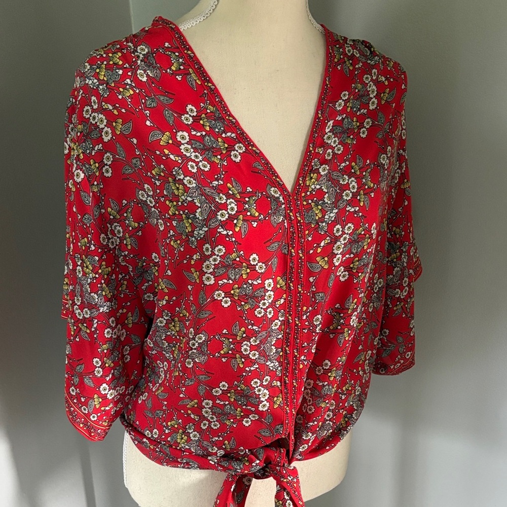 Max Studio Red Floral V-Neck Tie Front Crop Top